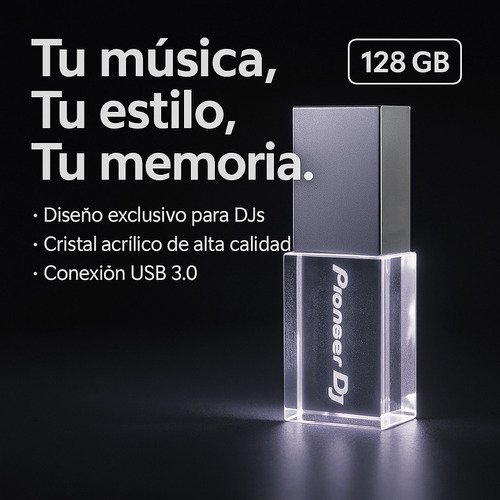 Memoria USB Pioneer DJ de 128GB con diseño en cristal y colores vibrantes, compatible con equipos CDJ-NEXUS