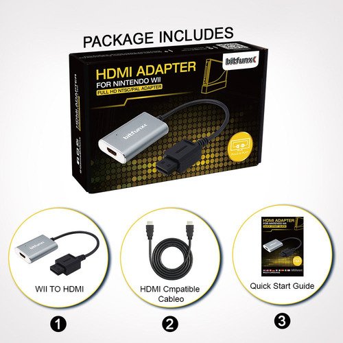 Convertidor Bitfunx para conectar Wii a televisor HDMI con calidad 1080p, ideal para revivir juegos clásicos