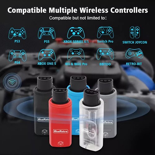 Adaptador Blueretro para conectar mandos bluetooth a consola Nintendo 64, compatible con múltiples controladores