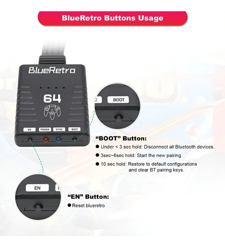 adaptador blueretro para conectar hasta 4 mandos bluetooth a tu consola nintendo 64, compatible con múltiples dispositivos