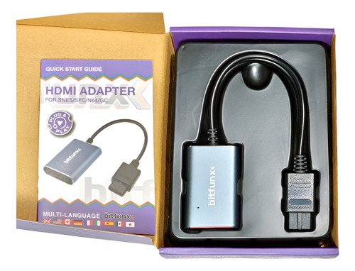 Adaptador Bitfunx que convierte consolas retro SNES, N64 y GameCube a señal HDMI 1080p para televisores modernos