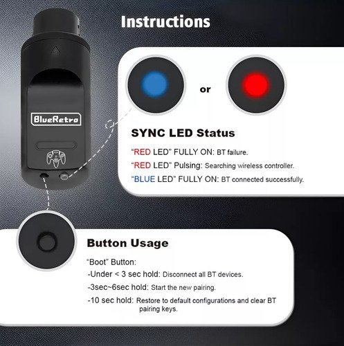 Adaptador Blueretro para conectar mandos bluetooth a consola Nintendo 64, compatible con múltiples controladores