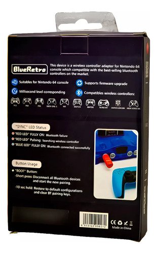 Adaptador Blueretro para conectar mandos bluetooth a consola Nintendo 64, compatible con múltiples controladores