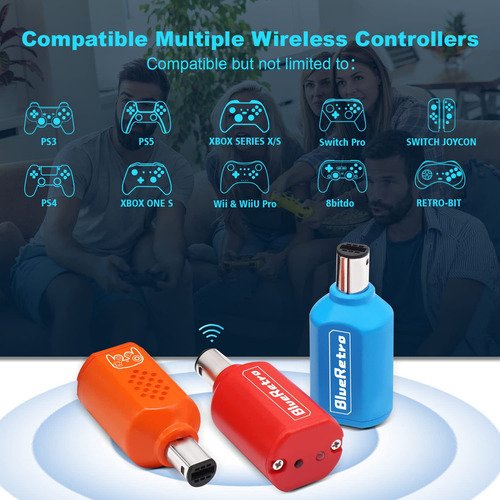 adaptador bluetooth bitfunx conectado a consola nintendo gamecube para controles inalámbricos ps4 ps5 xbox switch