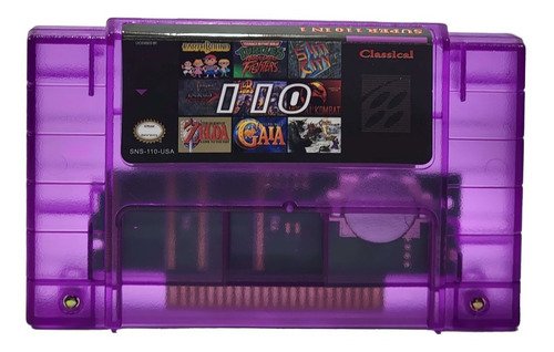 Cartucho multijuegos para Super Nintendo con 110 juegos clásicos incluyendo Sunset Riders y Zelda, compatible con consolas SNES