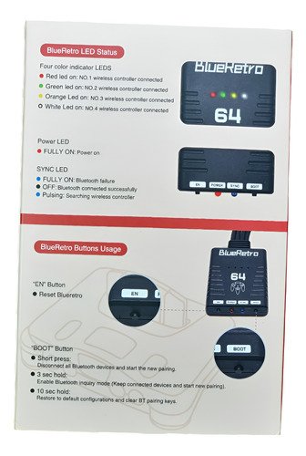 Adaptador Blueretro para conectar hasta 4 mandos bluetooth a tu consola Nintendo 64, compatible con múltiples dispositivos