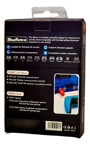 Adaptador Blueretro para conectar mandos bluetooth a consola Nintendo 64, compatible con múltiples controladores