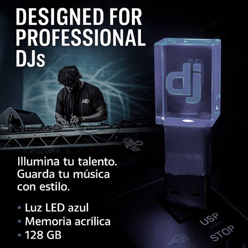Memoria USB Pioneer DJ de 128GB con diseño en cristal y colores vibrantes, compatible con equipos CDJ-NEXUS