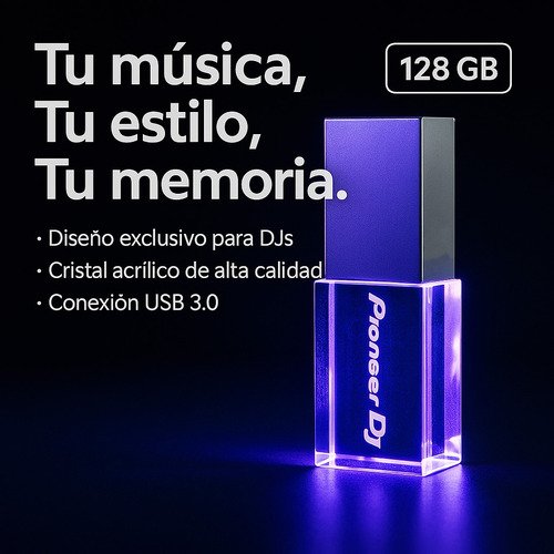 Memoria USB Pioneer DJ de 128GB con diseño en cristal y colores vibrantes, compatible con equipos CDJ-NEXUS
