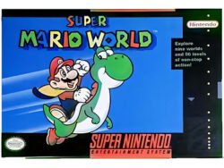 Juego Super Mario World para Super Nintendo en su caja original, sellado y protegido con acrílico transparente
