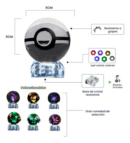 pokebola de cristal 3d con iluminación led integrada, figura de colección pokemon para decorar escritorio o setup gaming