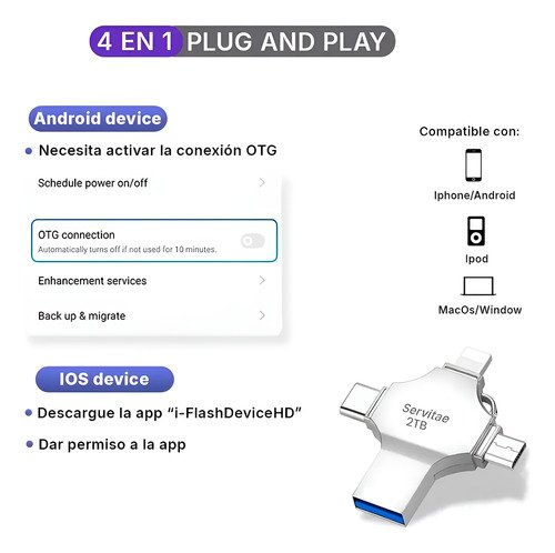 Memoria Otg 4 En 1 iPhone Android iPad Pc Usb-c Lighting 2tb