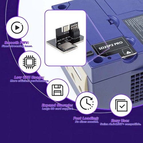Adaptador SD para Gamecube que permite cargar juegos desde tarjeta SD, compatible con consolas Nintendo NGC