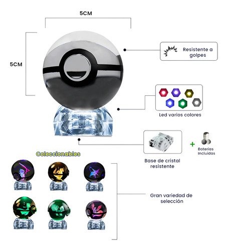 pokebola de cristal 3d con iluminación led integrada, figura de colección pokemon para decorar escritorio o setup gaming
