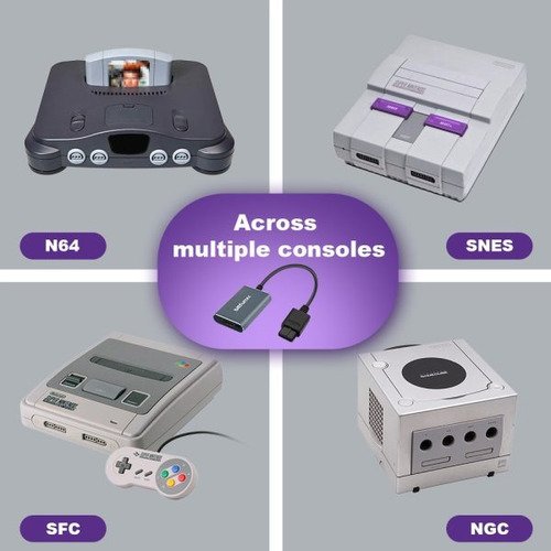 Adaptador Bitfunx que convierte consolas retro SNES, N64 y GameCube a señal HDMI 1080p para televisores modernos