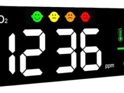 Medidor detector de CO2 dióxido de carbono para instalación en pared, modelo grande de la marca Hume, ideal para monitoreo de calidad del aire