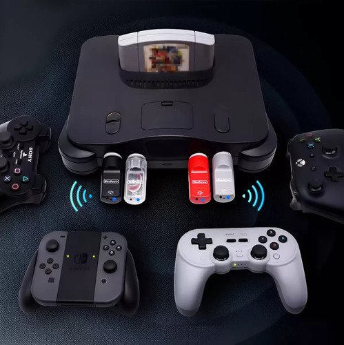 Adaptador Blueretro para conectar mandos bluetooth a consola Nintendo 64, compatible con múltiples controladores
