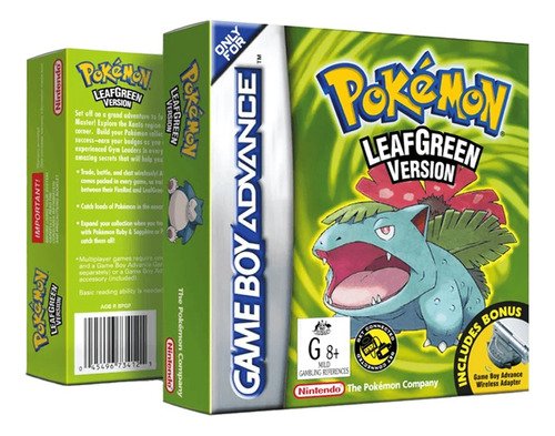 Juego Pokémon Leaf Green para Game Boy Advance en su caja original con protección, mostrando el cartucho y empaque completo