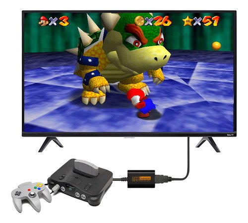 Adaptador convertidor HDMI que permite conectar consolas retro como SNES, Nintendo 64, GameCube y Super Famicom a televisores modernos con salida de 720p