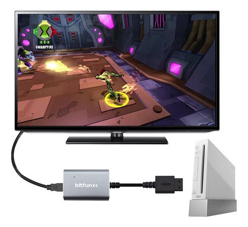 Convertidor Bitfunx para conectar Wii a televisor HDMI con calidad 1080p, ideal para revivir juegos clásicos