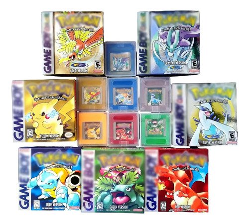 colección completa de juegos pokémon para game boy conservados en sus cajas originales con protector acrílico para exhibición