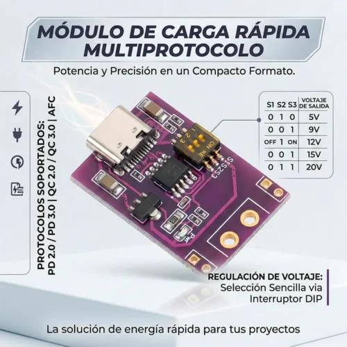 Selector de voltaje USB-C que permite elegir entre 5V y 20V para cargar dispositivos móviles de forma segura