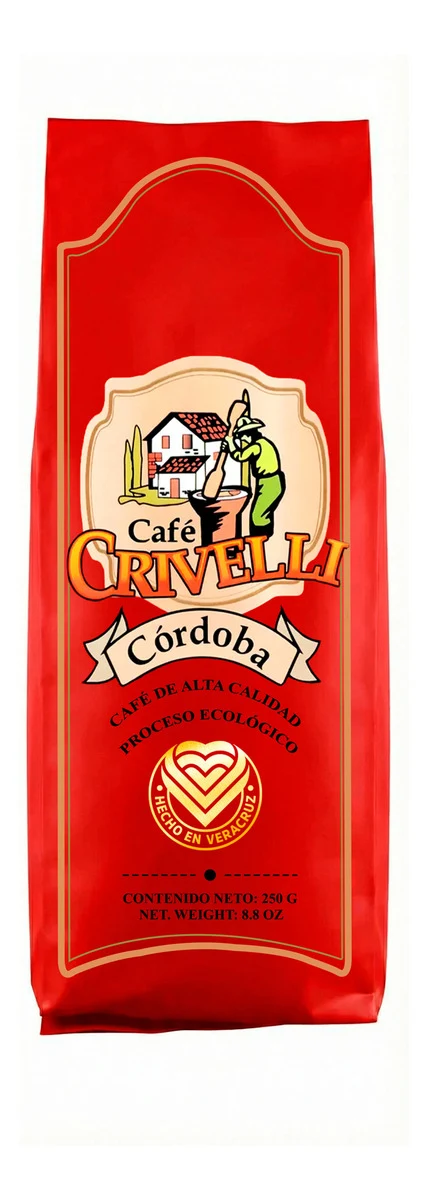 Paquete de café molido Crivelli Cordoba ecológico de exportación de 250 gramos, ideal para preparar en cafetera italiana o prensa francesa