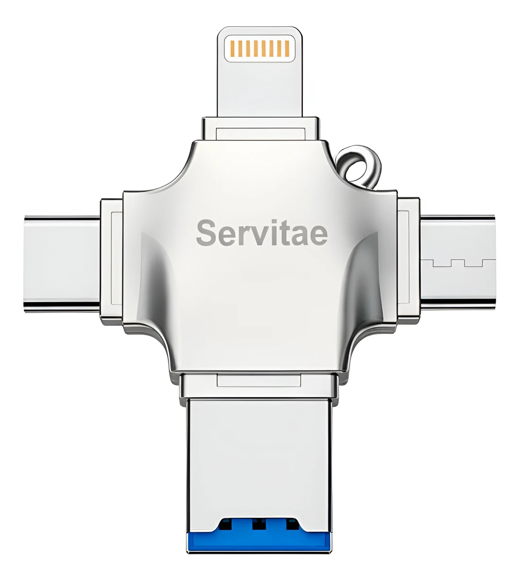 Lector OTG 4en1 de Servitae con puertos USB 3.0, USB-C, Lightning y MicroUSB, ideal para transferir archivos entre dispositivos móviles y computadoras