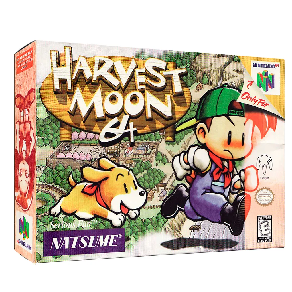 Juego Harvest Moon para Nintendo 64 en su caja original con manual de instrucciones y protector de acrílico para colección