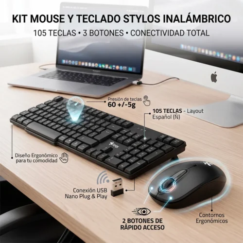 Stylos Kit Teclado + Mouse Inalambrico Ergonomico Resistente