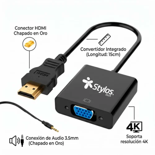 ADAPTADOR STYLOS VGA HEMBRA A HDMI MACHO CON AUX 3.5MM