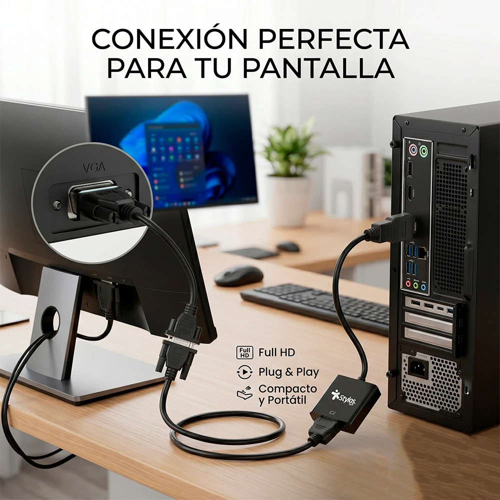 Adaptador Stylos que convierte puerto VGA hembra a HDMI macho con entrada auxiliar de audio de 3.5mm para conectar dispositivos