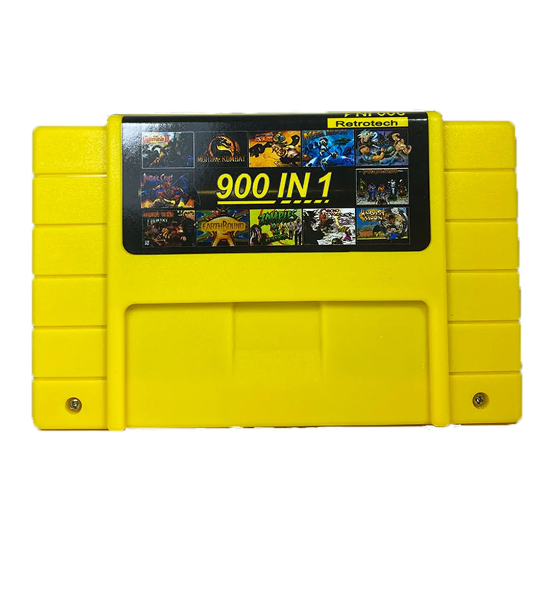 Cartucho multijuegos SNES 900 en 1 con juegos clásicos como Mario, Sunset Riders y Zelda, compatible con consolas Super Nintendo.