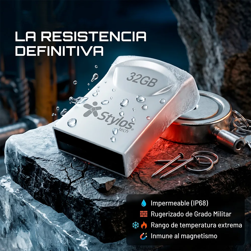 Memoria USB Stylos ST125 de 32 GB con conector USB 2.0, cuerpo metálico mini en color plata, ideal para almacenar y transferir archivos