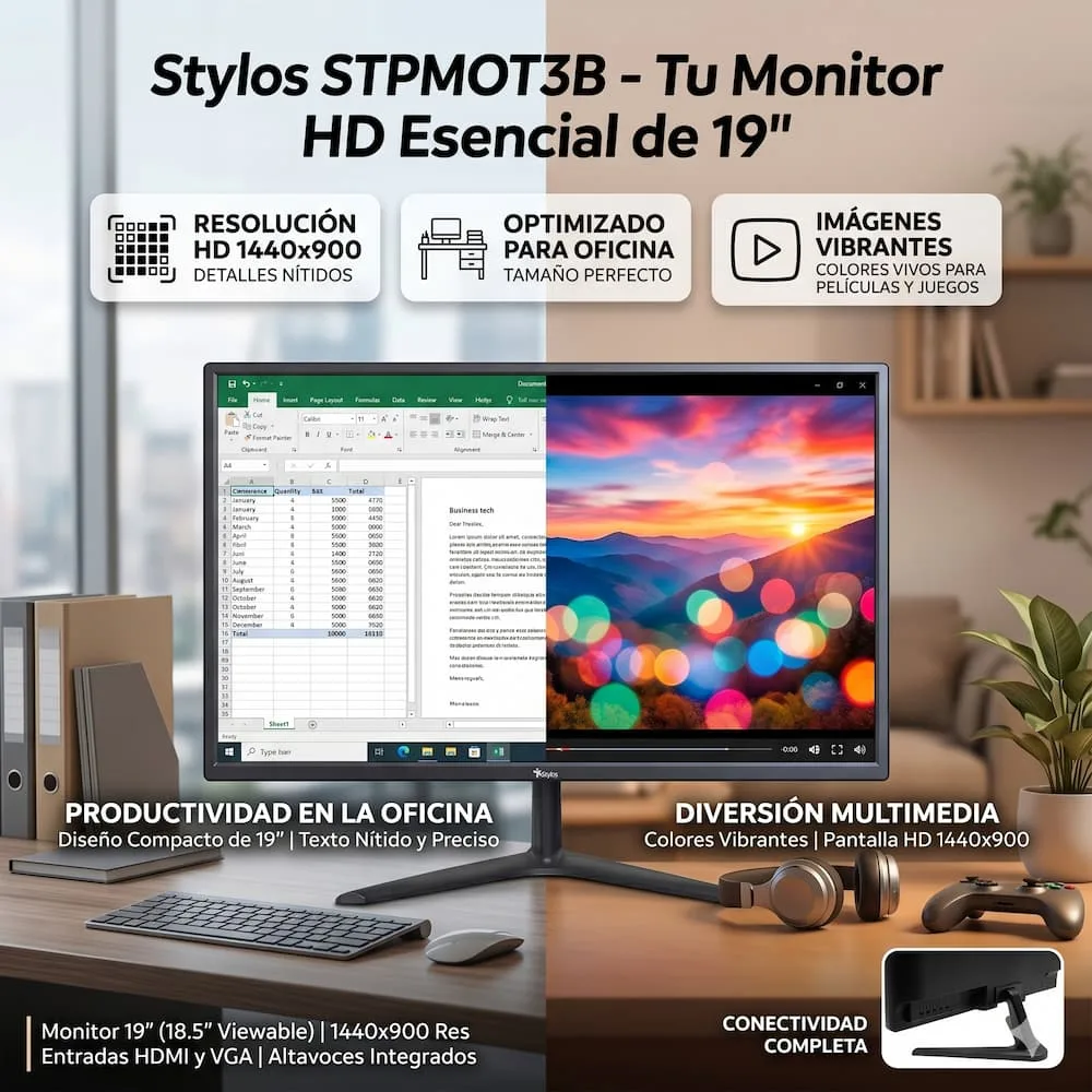 Monitor Stylos STPMOT3B Tech de 19 pulgadas con resolución HD 1440x900, ideal para oficina, trabajo y uso diario en computadora