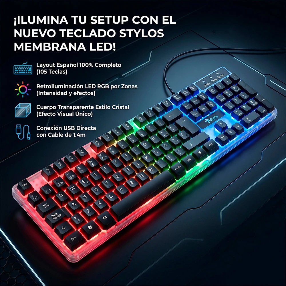 Teclado alámbrico Stylos de membrana con retroiluminación LED, ideal para escritorio y uso diario en oficina o hogar
