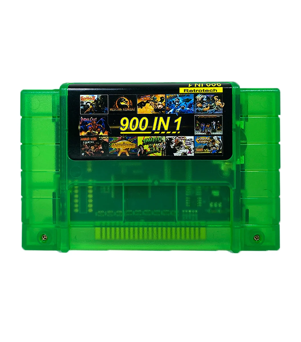 Cartucho multijuegos SNES 900 en 1 con juegos clásicos como Mario, Sunset Riders y Zelda, compatible con Super Nintendo