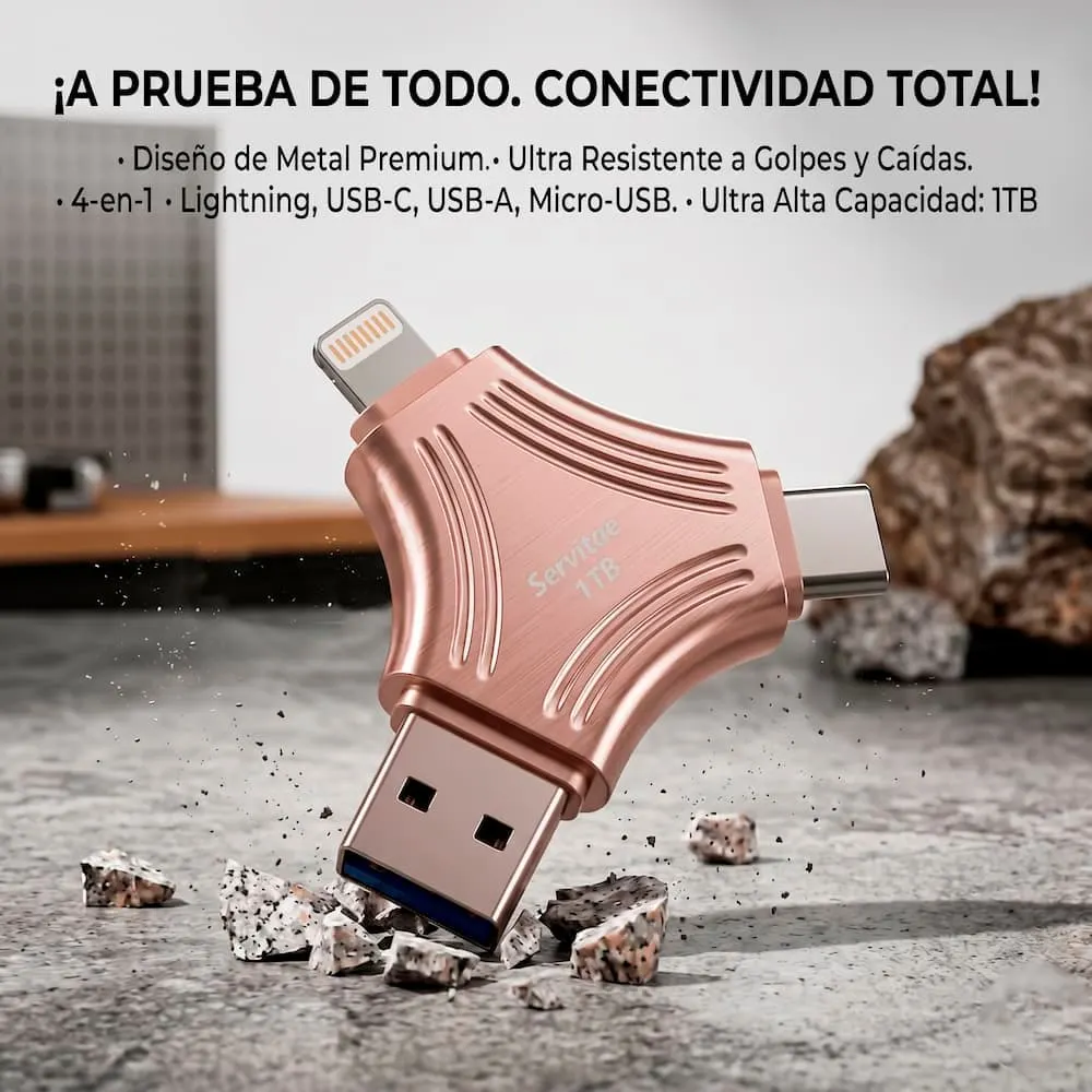 Memoria USB flash 1TB 4 en 1 USB-C y Lightning para iPhone Memoria USB flash 1TB con conectores USB-C y Lightning para transferir archivos entre iPhone, iPad, Mac y PC de forma rápida