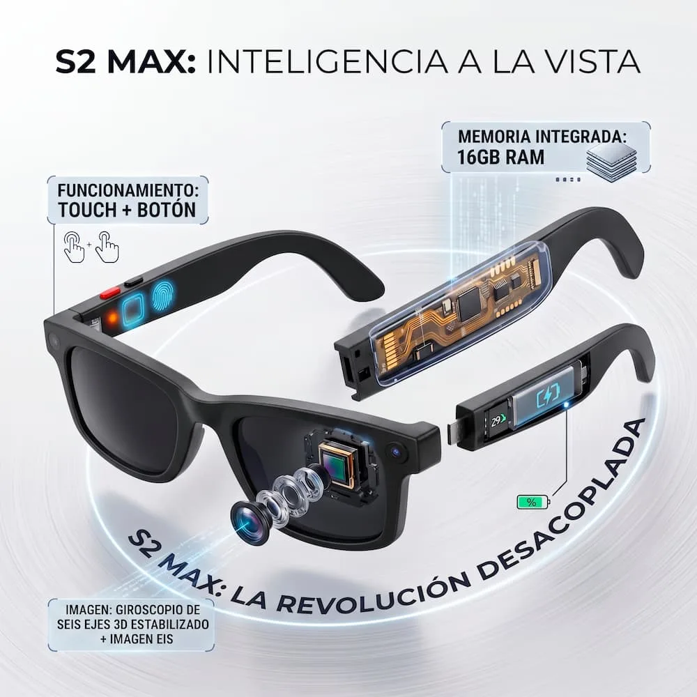 Gafas Inteligentes AIMB S2 Max con Cámara Integrada Gafas inteligentes AIMB S2 Max con cámara integrada para grabar video y tomar fotos manos libres