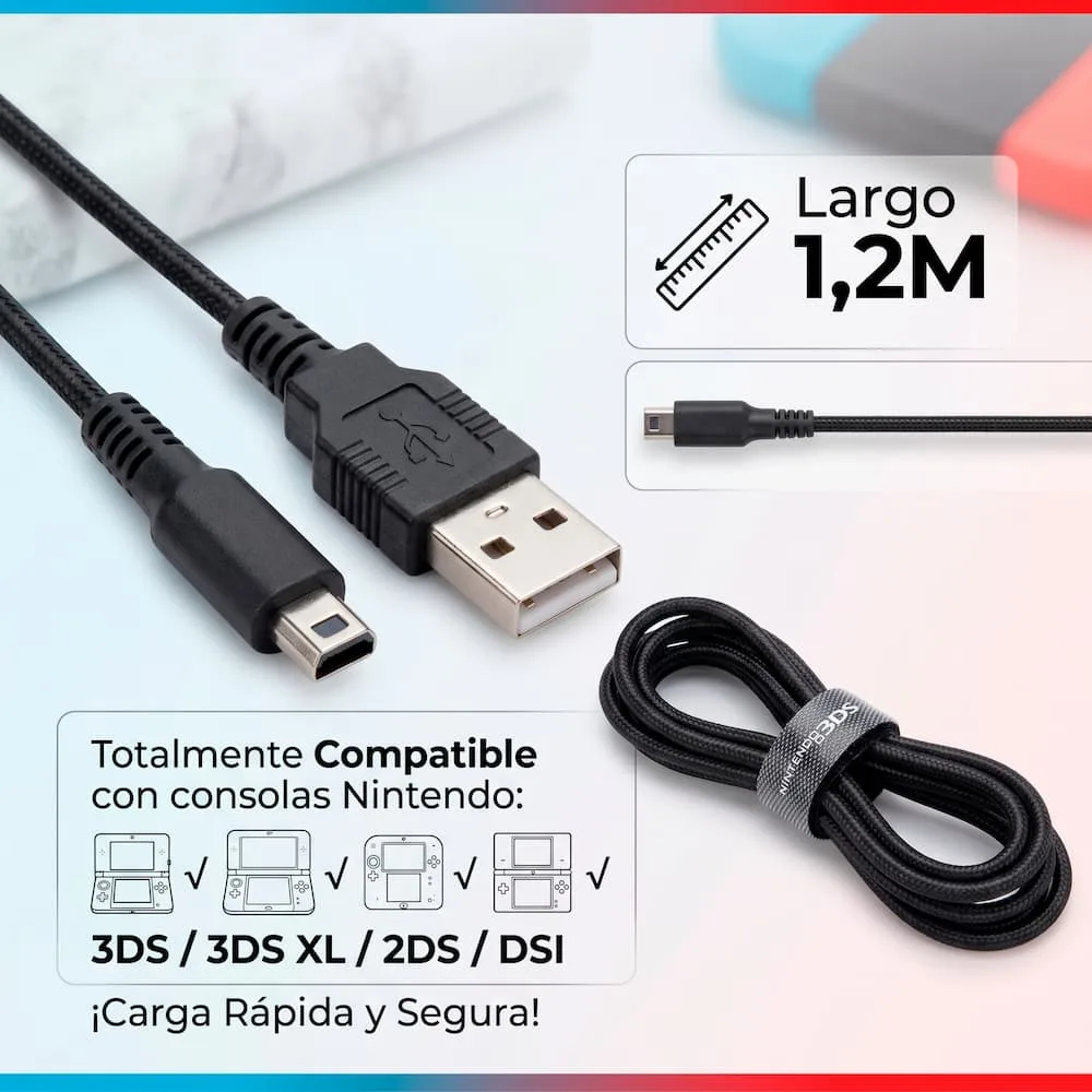 Cable de carga USB 1.2m para Nintendo 3DS/XL/2DS/DSi Cable de carga USB de 1.2 metros compatible con Nintendo 3DS, 3DS XL, 2DS y DSi, ideal para recargar tu consola de forma practica y segura